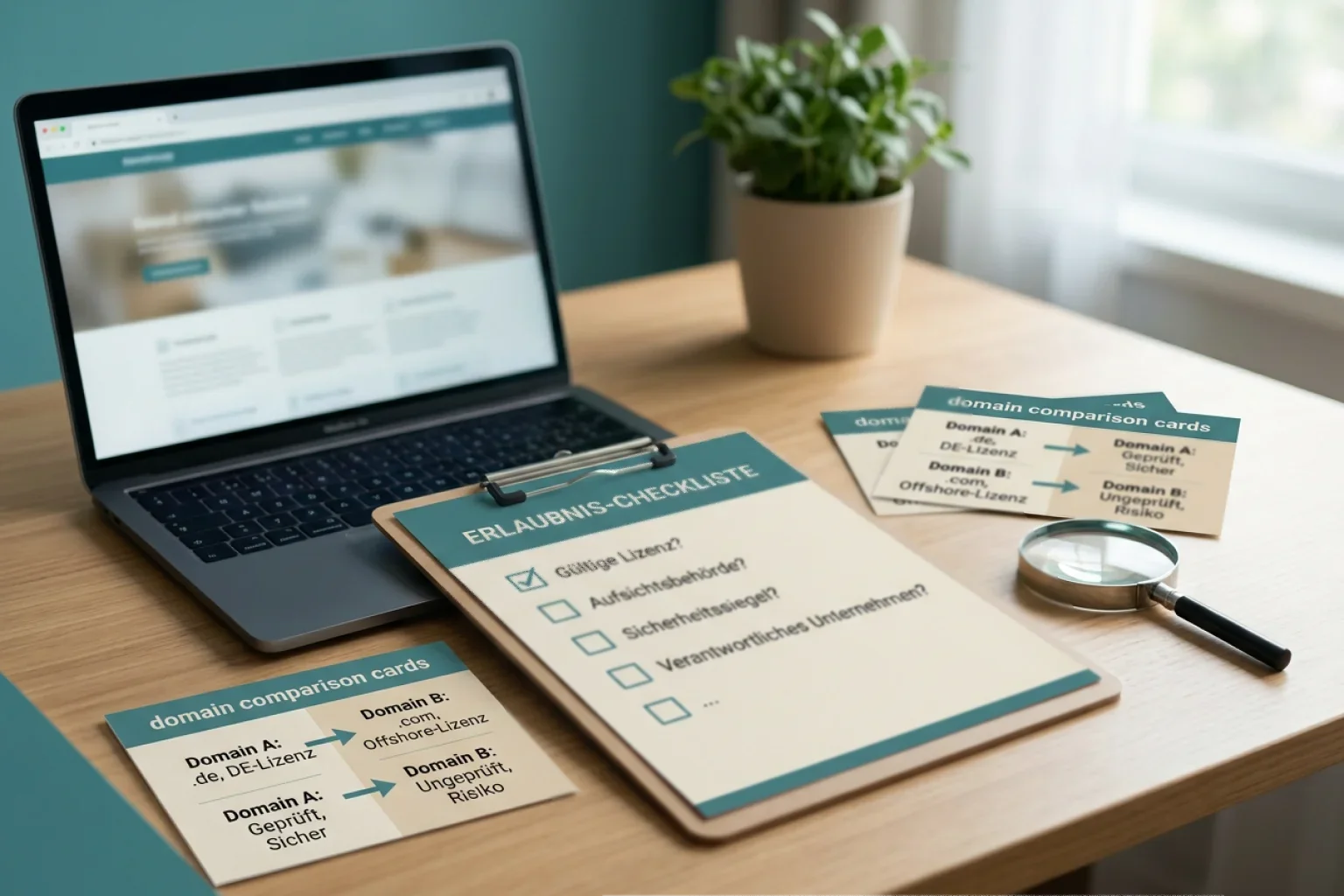Schreibtisch mit Checkliste zur Prüfung von Erlaubnis, Domain und Spielform
